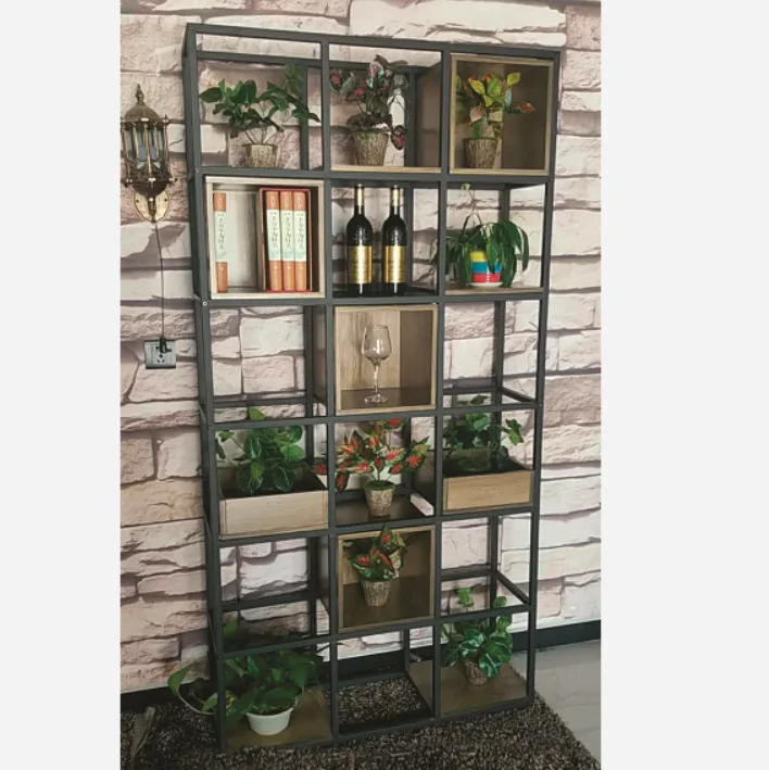 Iron coating storage living room decoration rack wooden shelf