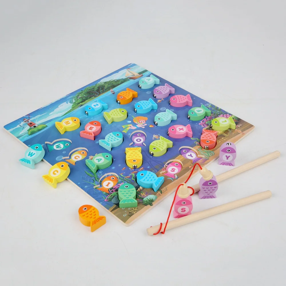 Baby Puzzle Board Teaching Aids Eco Friendly Educational Toys Set Fish Magnetic Wooden Fishing Toy Game