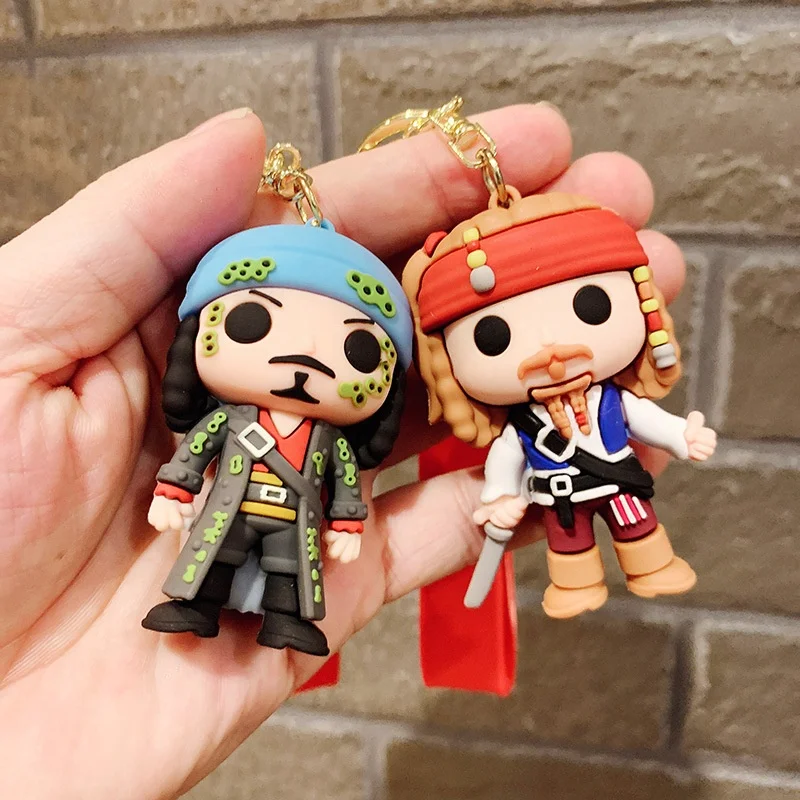 3D Cartoon Pirates Keychain Cute Style Jack Sparrow Big Head Silicone Metal Keyring Purse Wallet Wristlet Car Key Ring