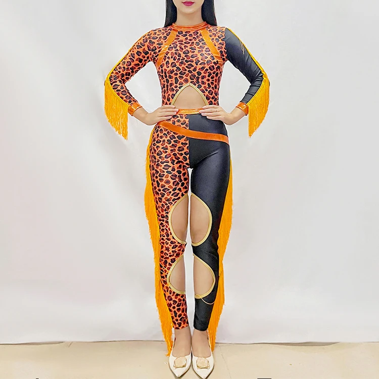 Custom fringe orange yellow leopard print majorette unitard dance costumes majorette uniform