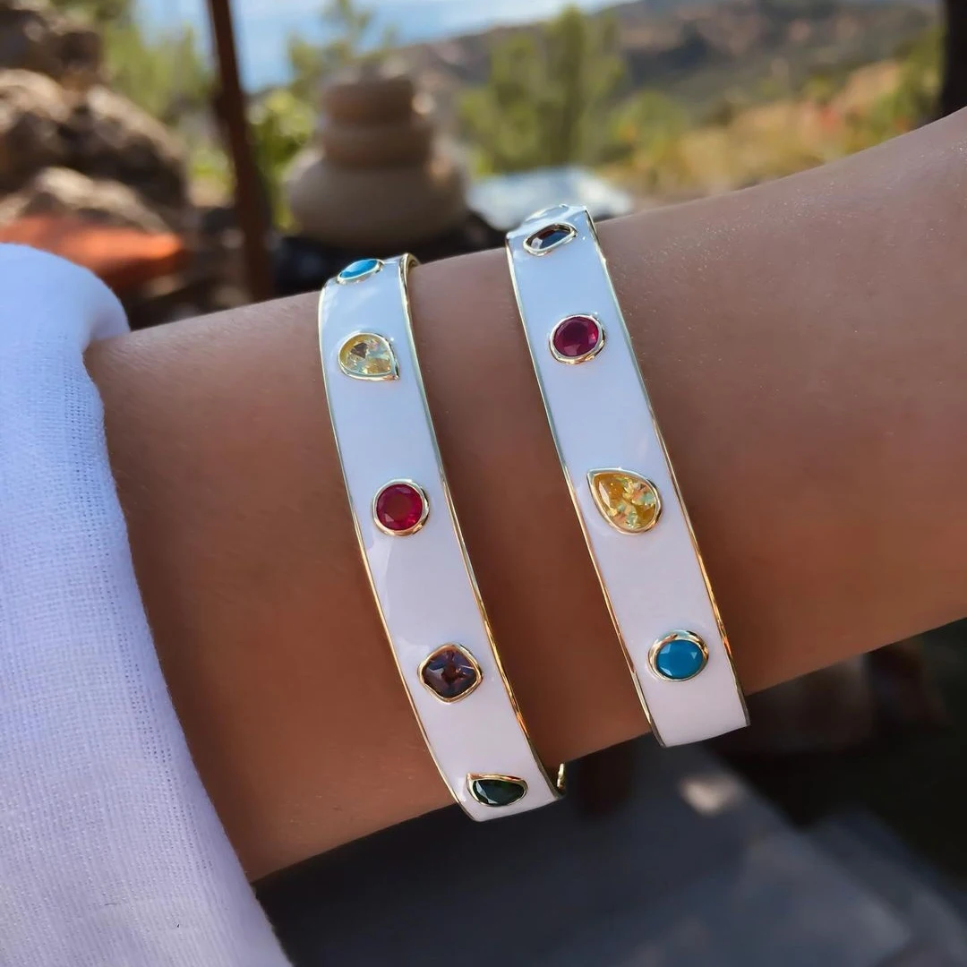 white enamel jewelry bezel setting colorful cz open women bangles high quality