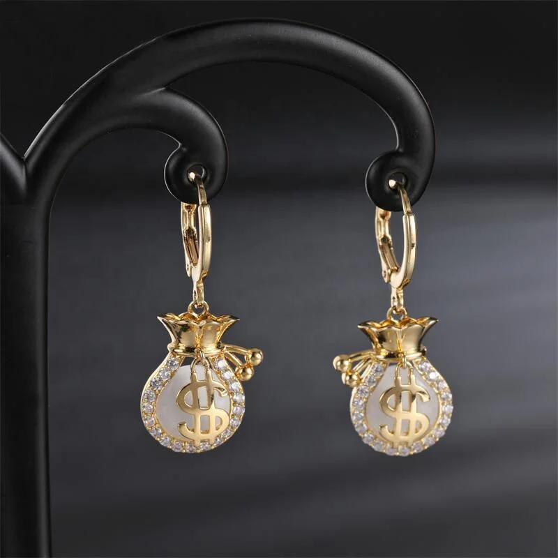 Creative Dollar Purse Pattern Rhinestone Decor Money Bag Drop Earrings For Girls Luxury Crystal Earrings Decoration Jewelry