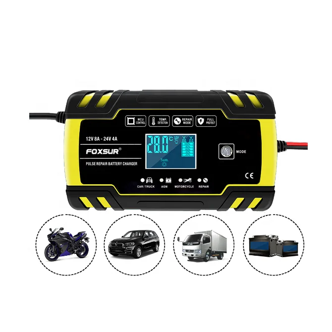 12V 8A 24V 4A Smart Fast Charging for AGM GEL WET Lead Acid Battery Charger LCD Display Fully automatic Car Battery Charger
