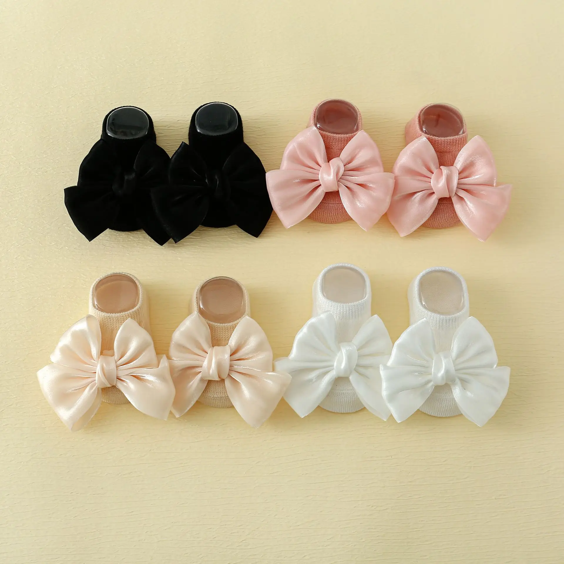 first steps 0-3y baby infant socks solid color satin big bow nonslip baby walking socks with anti slip gripper