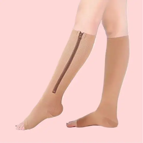 Unisex Zipper Compression Socks with Open Toe Thin Anti-Fatigue Stretchy High Knee Support Daily Use