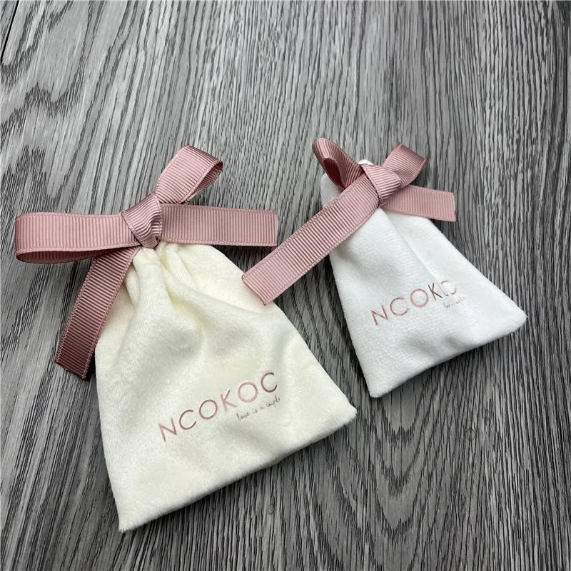 Luxury Soft Cream White Velvet Drawstring Gift bag, Small Jewelry Velvet Drawstring Pouch