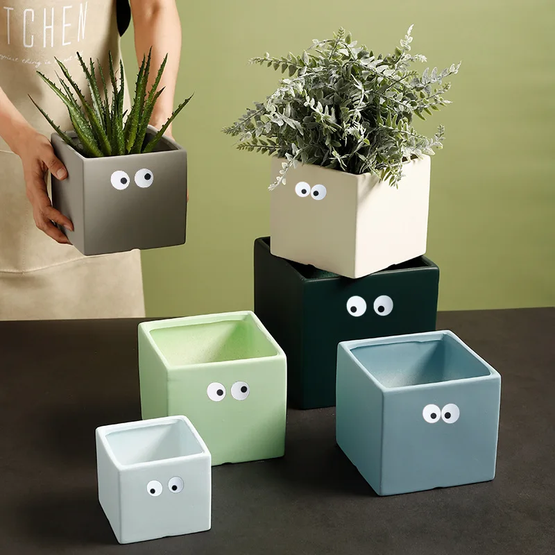 New item cute square ceramic plant flower pot small succulent plant pot