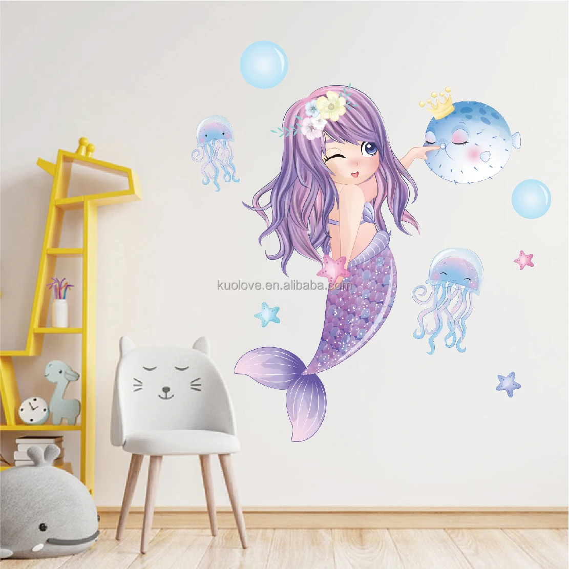 Crown cartoon fairy tale mermaid wall stickers Living room children bedroom decorative wallpaper self-adhesive stickers
