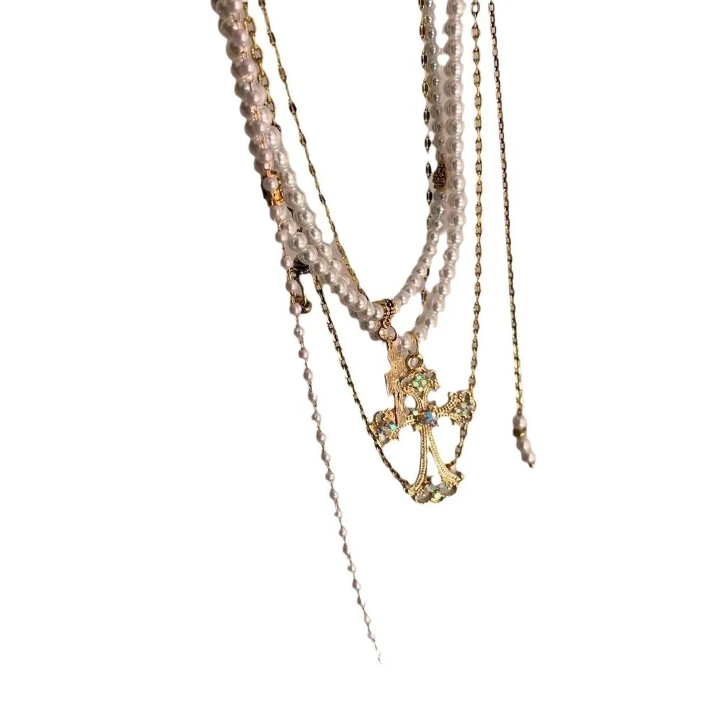 Mailard Style Pearl Beaded Multi Layered Clavicle Chains for Women Gold Cross Pendant Necklaces Jewelry