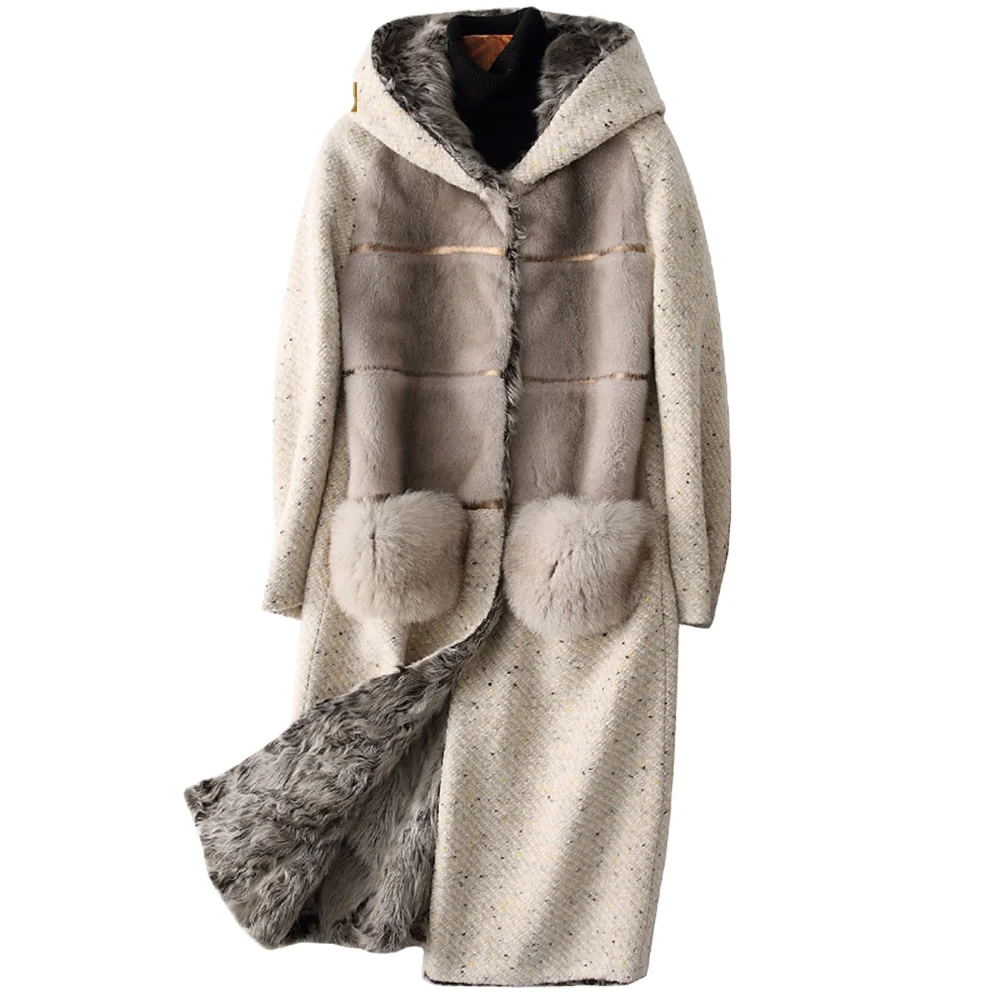New arrival jtfur wholesale mink and fox fur coat silk fabric warm ladies lamb furs with hooded  long parka