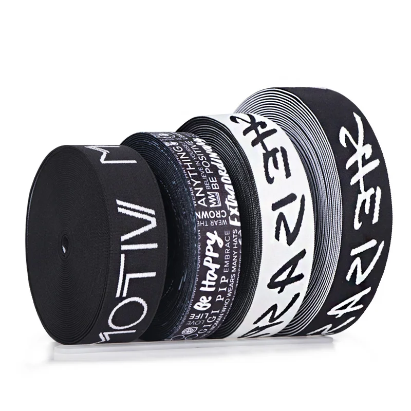 Custom Stretchy Black White Textile Jacquard Printed Webbing Fitness Bra Underwear Elastic Band