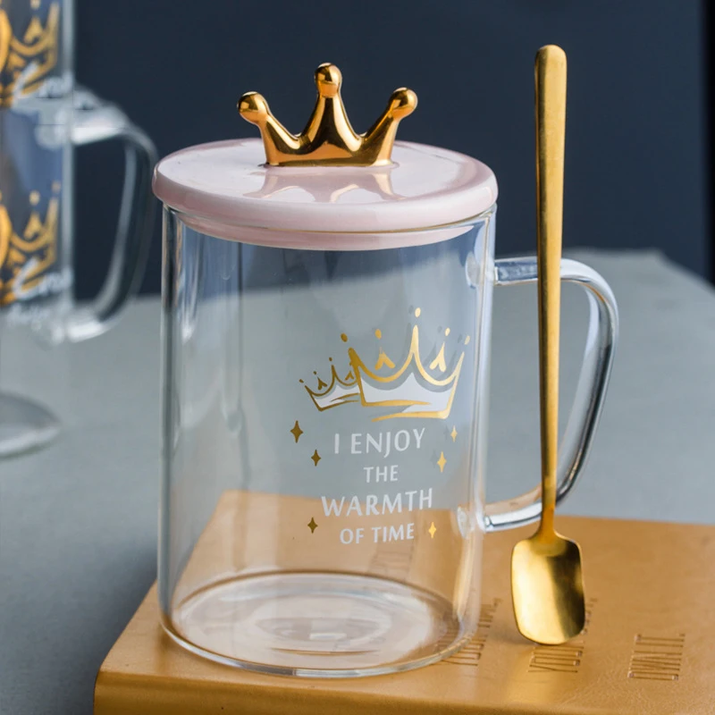 Новый дизайн стеклянная чашка Crown для питья кофе с ложкой