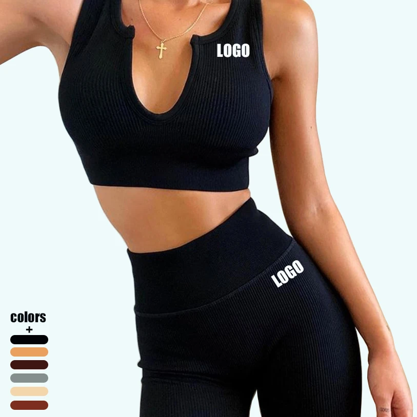 
2021 Seamless Yoga Suit 2 piece Sports Bra and Leggings Gym Clothes Ribbed Fitness Clothing Workout Set 