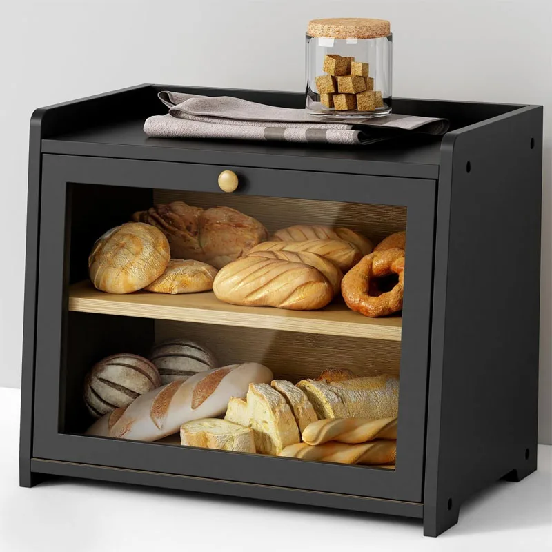 Quality Black Bread Box for Kitchen Countertop Large Storage Container for Homemade Bread Wood Farmhouse Breadbox Organizer