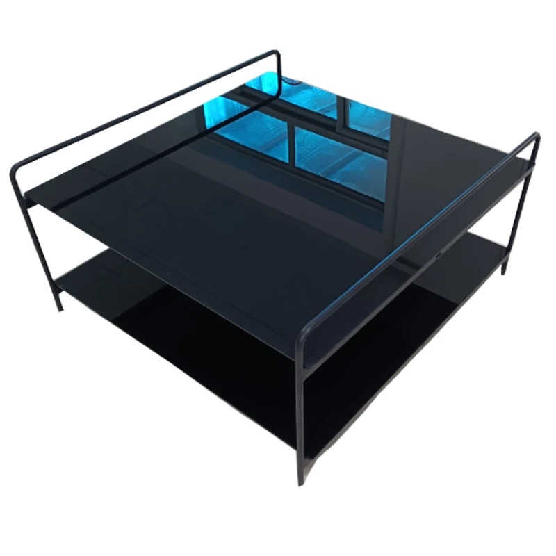 Nordic Modern Minimalist High Fashion Double Black Glass Table Top Metal Frame Corner Table with Armrest