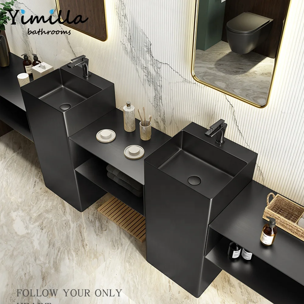 Floor standing 304 stainless steel sink Black modern design hand wash pedestal basin sinks with basin mixer faucet