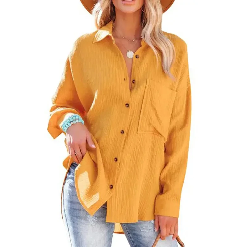 Bomotoo Ladies Casual Blouse Lapel Neck Elegant Tops Holiday Baggy Long Sleeve Linen Gauze Shirt For Women