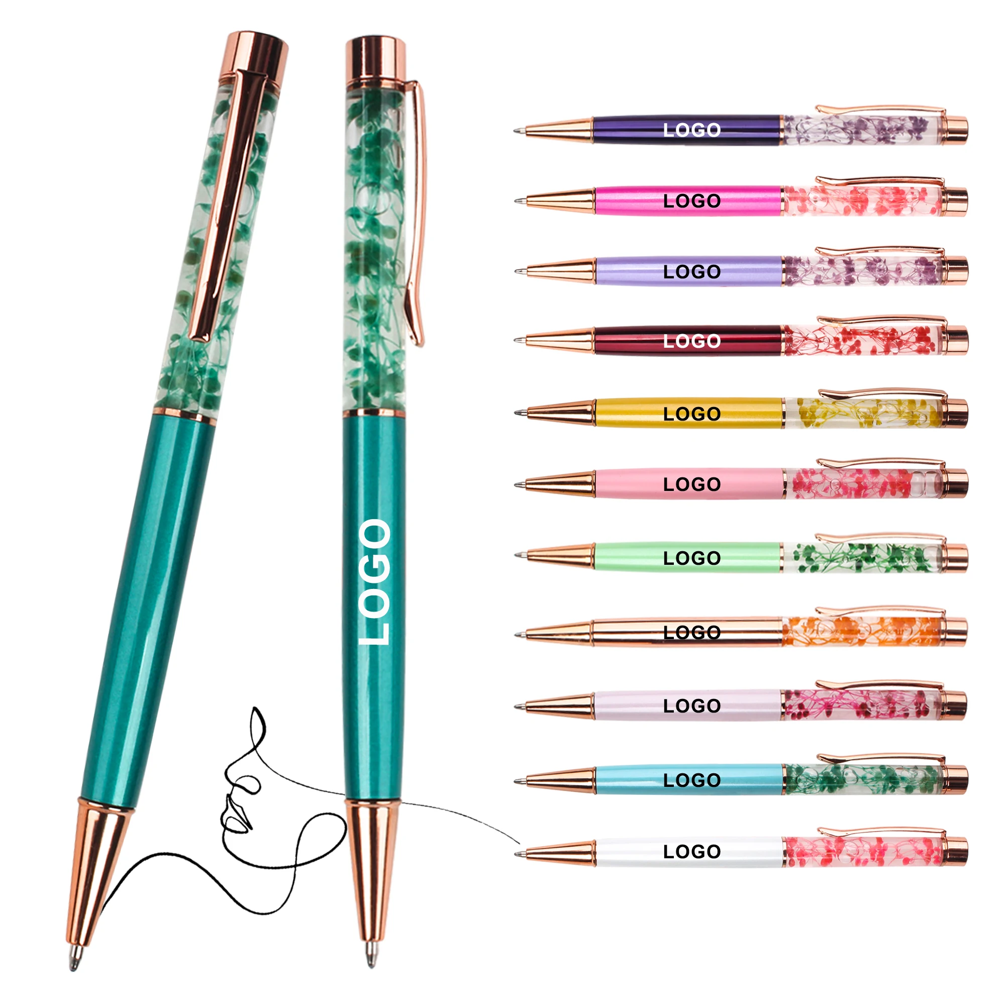Wholesale Novel Creative DIY Oiled Dry Flower Metal Ballpoint Pen With Custom Logo Printed Laser Advertise For Office Stationery