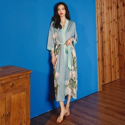 Factory Price Luxury Satin Silk Robes Long V-Neck Asian Women Blue Sleepwear Soft Cozy Satin Floral Silk Robe