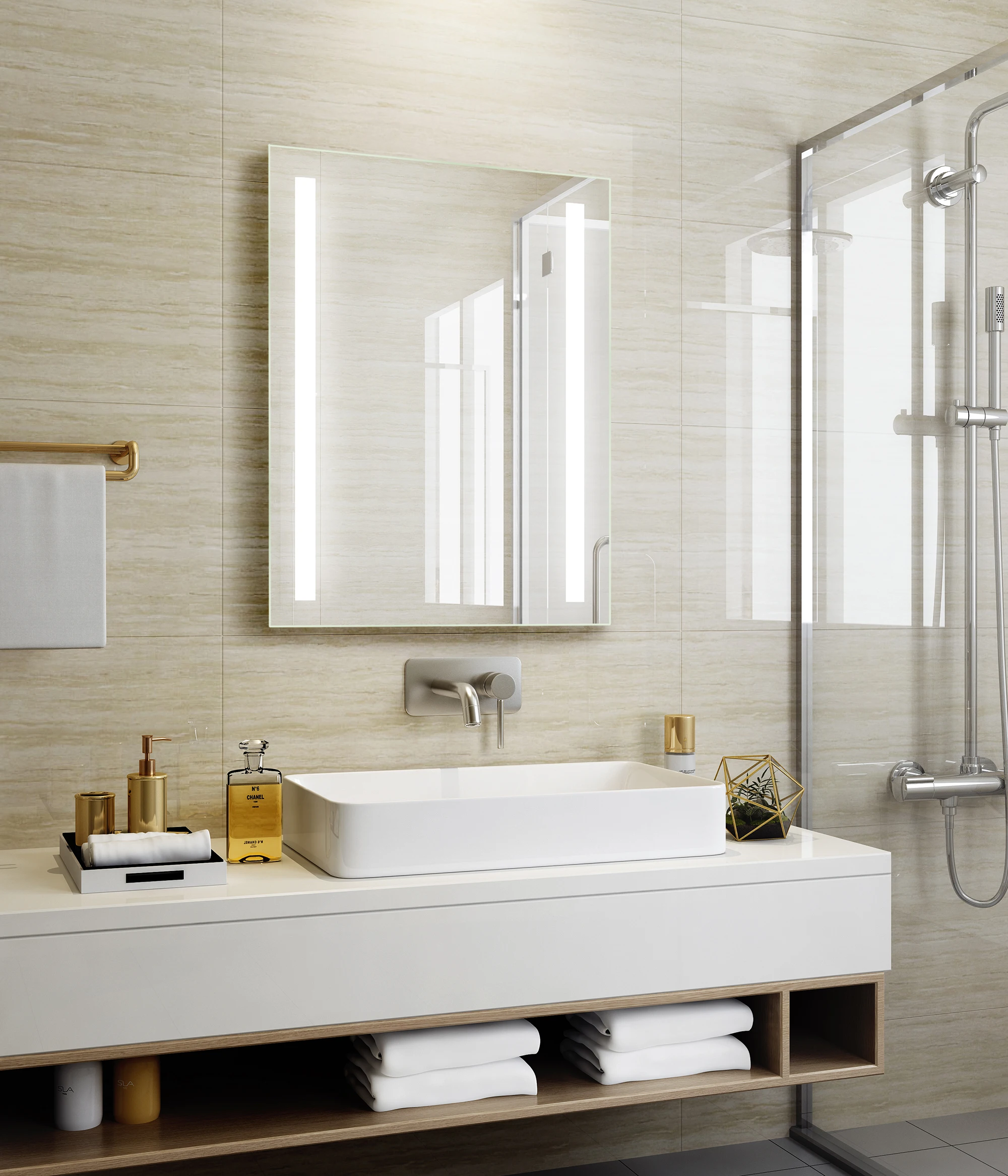 bathroom basin mirror with radio glass shelf Bath antifog Bluetooth led mirror with lighting
