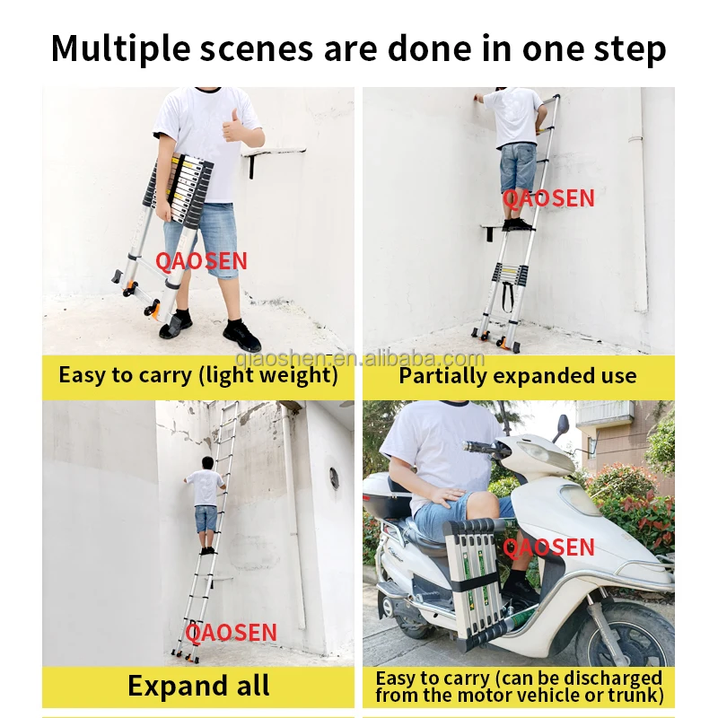 Upgrade 4.6M Single Telescopic Ladder Aluminum with Balance Bar Silver Industrial Outdoor Ningbo Free Spare Parts 12 Steps 50PCS
