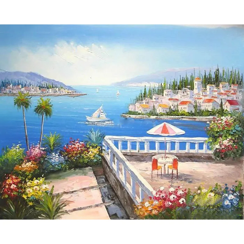New DIY digital oil painting wide sea villa balcony sea view living room bedroom coloring digital oil painting