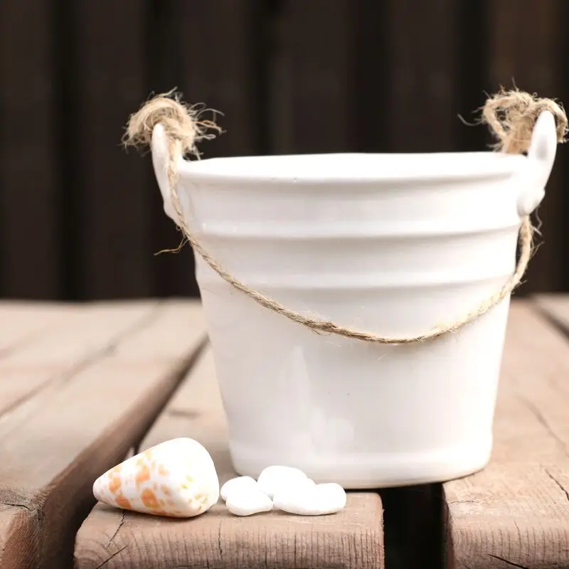 Pastoral fashion home ceramic crafts ornaments mini creative hemp rope hanging bucket flower pot decoration simple vase