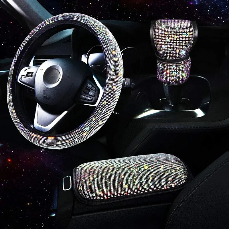Diamond Bling Car Hoodie Gear Cover Central Box Steering Wheel Cover Set for Women for Girls
