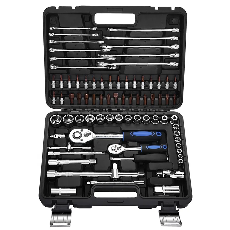 GoodKing 150 Piece 1/2,3/8,1/4 Inch Drive Metric 24 Teeth Rotator Ratchet Wrench Socket Set In Case Toolbox