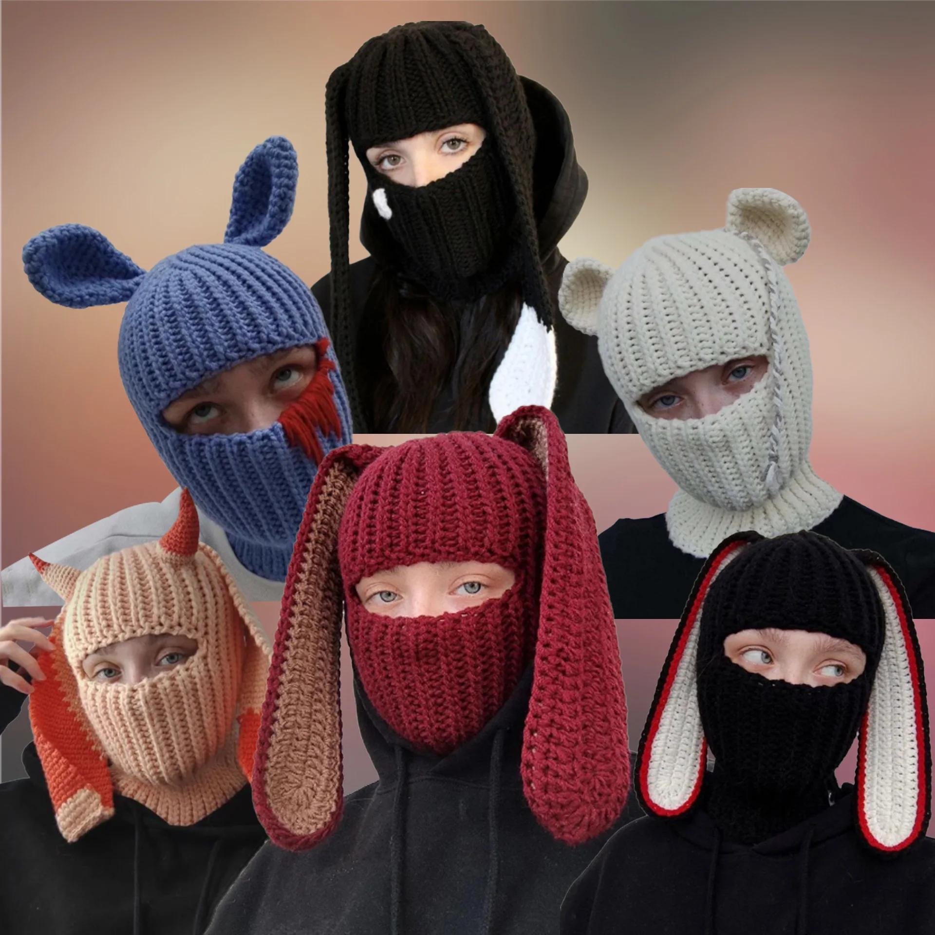 Unisex Y-F Warm Beanie Bunny Ears Knitted Bucket Skull Hat with Long Ears Rabbit Balaclava Hood for Casual or Party Style