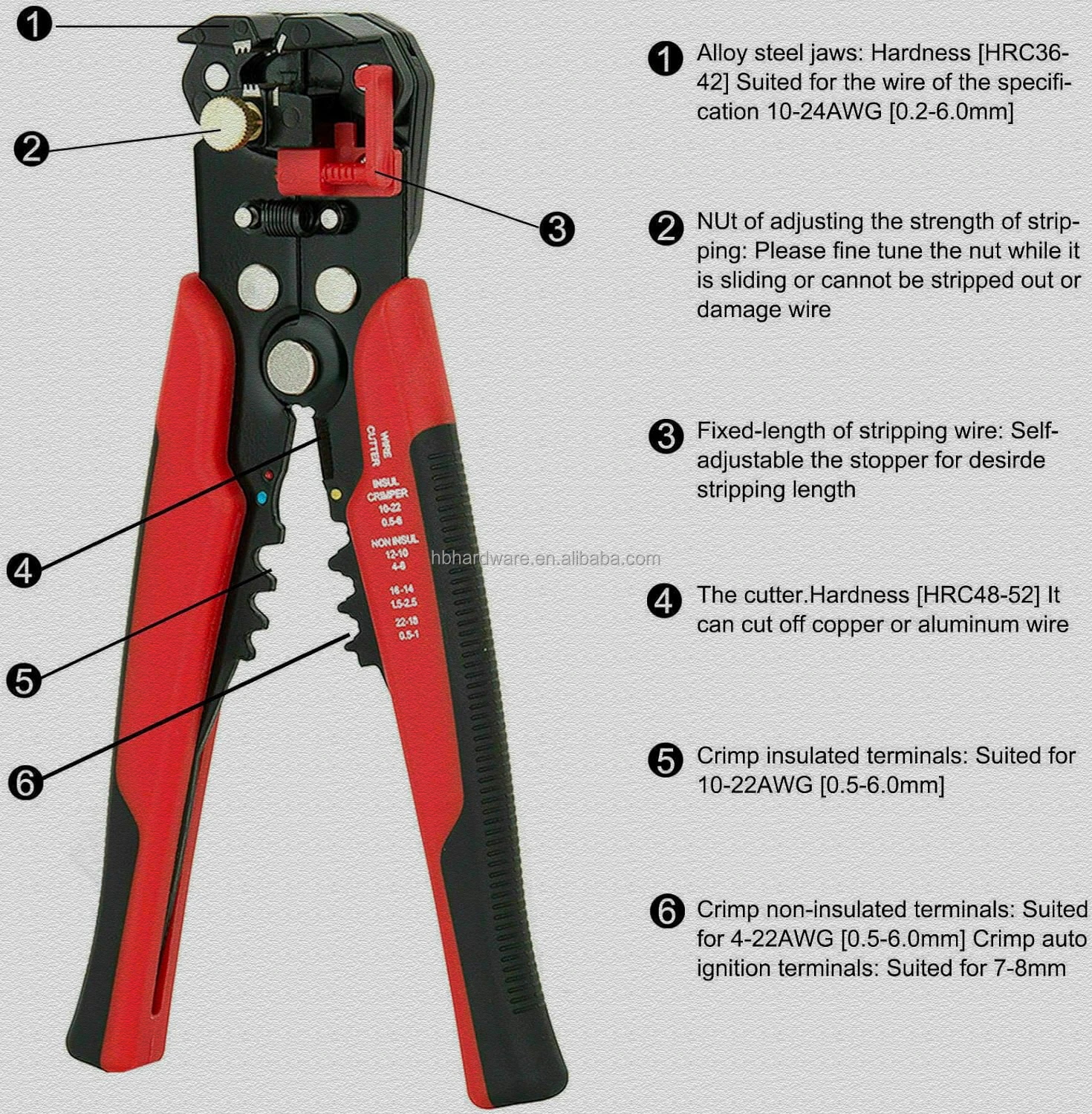 Automatic Wire Stripper 3-in-1 Multi 10-24 AWG 0.2~6.0 mm 8 Inch Self-Adjusting Electrician Cable Wire Clamp Crimp Strip Pliers