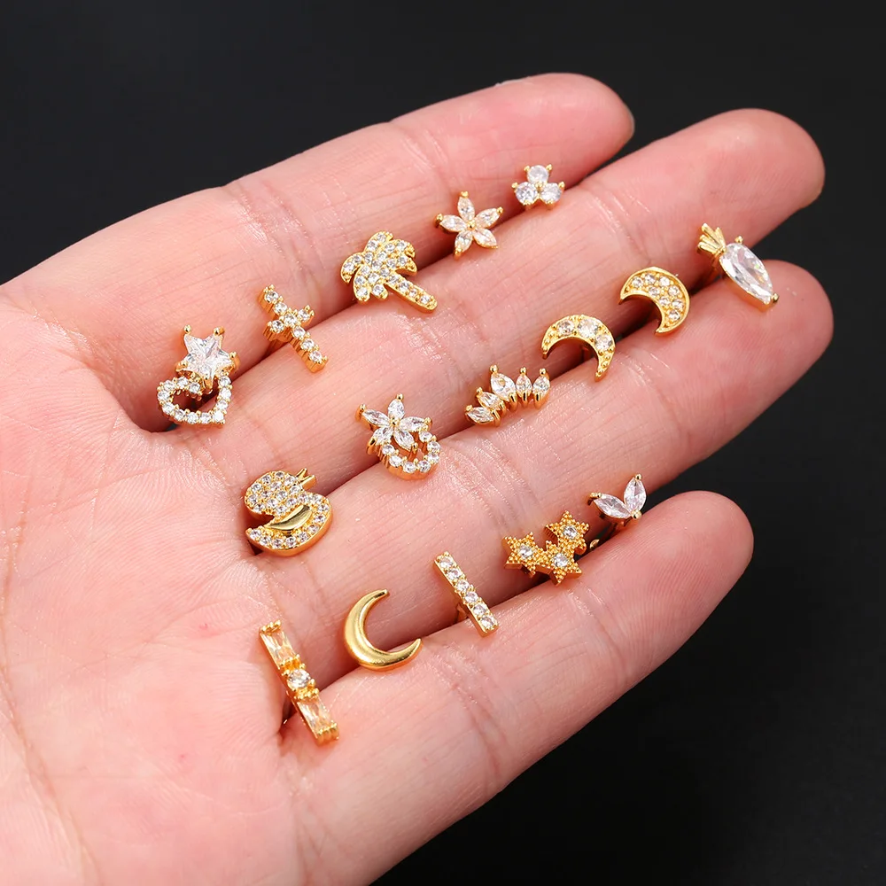 New Piercing Jewelry Creative Earrings Gold Zircon Fashion Ear Bone Screws Moon Star Duck Carrot Small Earring Studs For Women