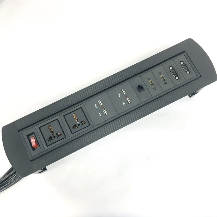 Manual Recessed Connectivity Box Outlet for Conference Room Table with 2AC Receptacle,1 RJ45,2 USB, 2 VGA