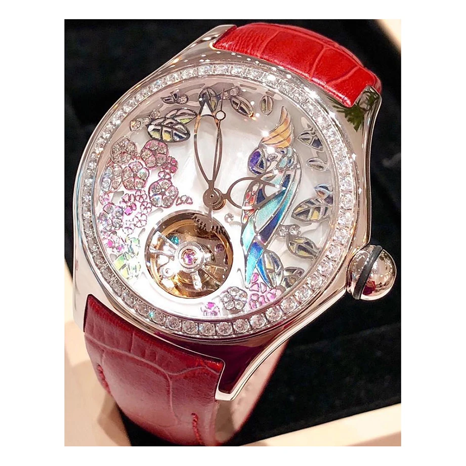Luxury cow leather strap diamond skeleton waterproof lady mechanical  automatic watch