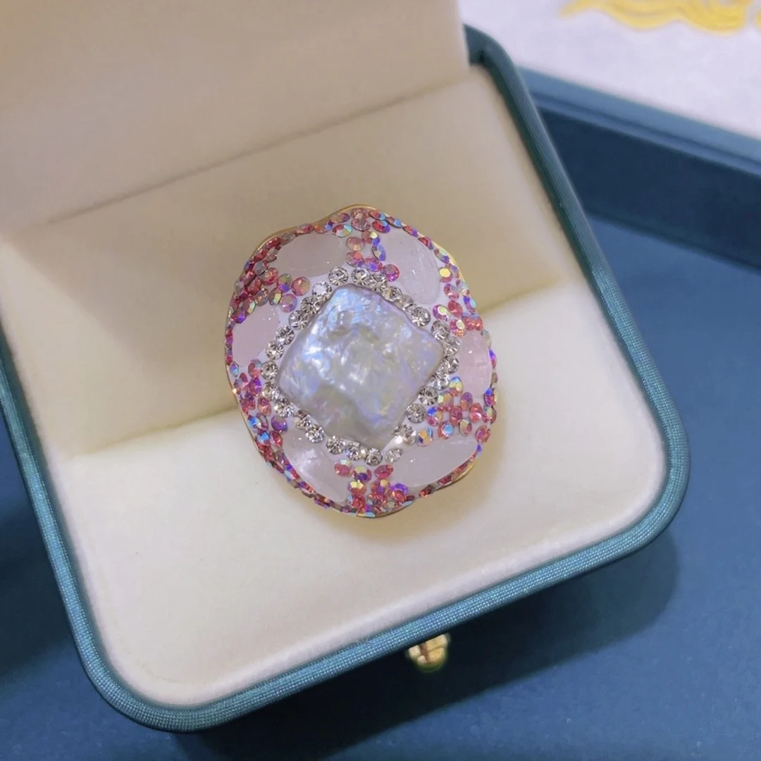 New Arrival Keshi Pearl With Pink Color Stone Rings Fashion Women Jewelry Gifts