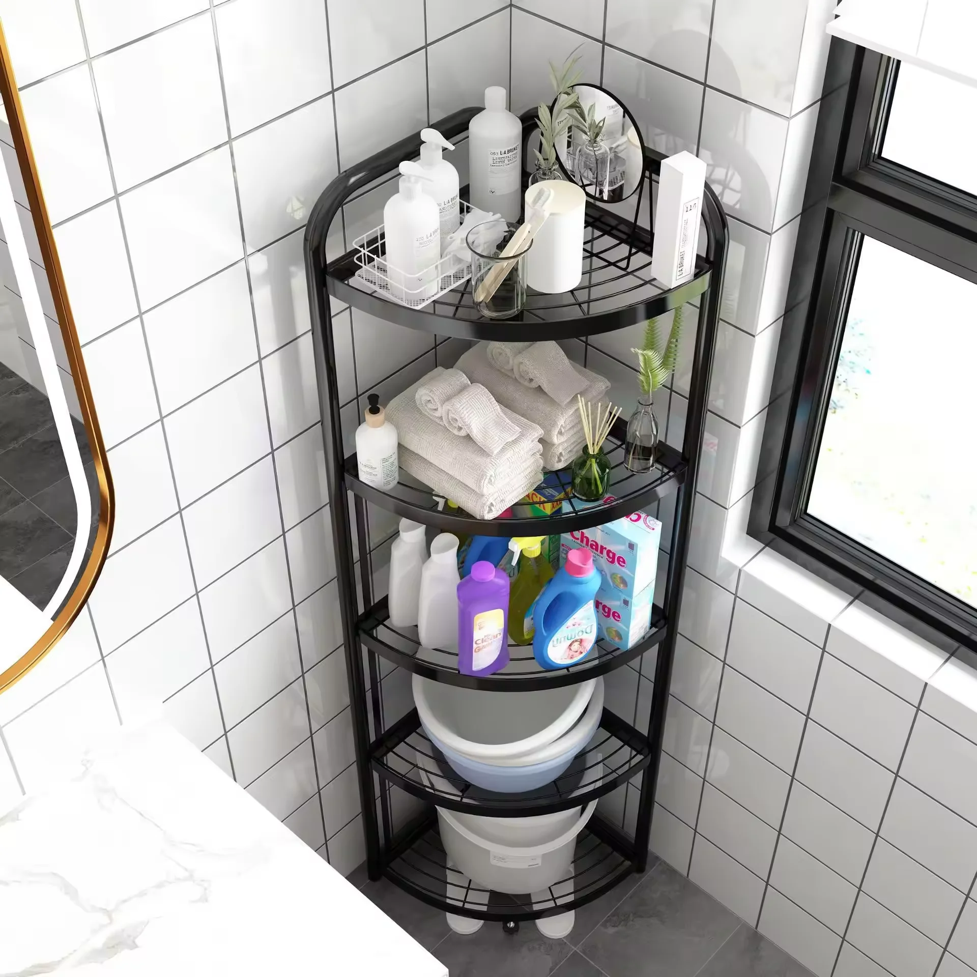 Non Drilling Bathroom Storage Rack Space Aluminum Triangle Design Wall Mounted Shelf Dual Corner