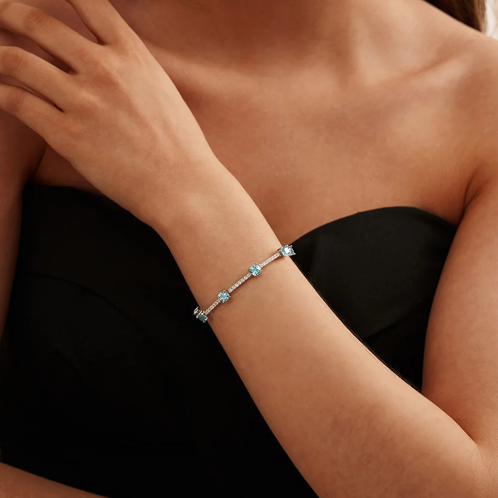 RINNTIN LZB05 Wholesale Natural Gemstone Aquamarine Stone Bracelet Custom Rhodium Over Sterling Silver Tennis Bracelet for Women