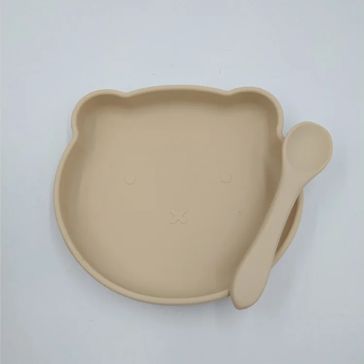 Tableware Suction Bear Shape Kid Dinner Plates Silicone BPA Free Baby Feeding Plate with Spoon
