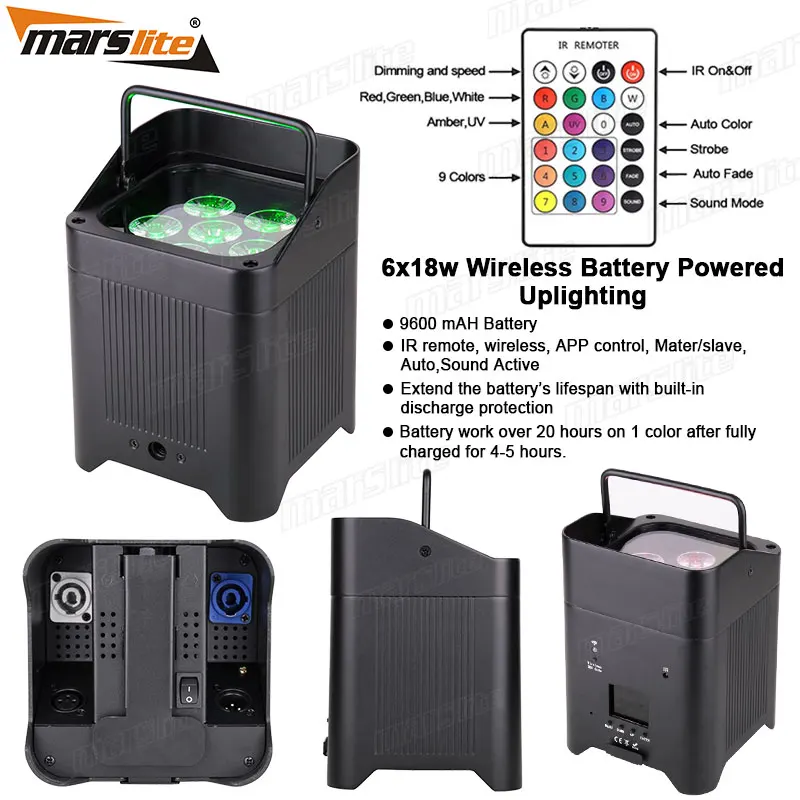 Marslite 6pcs 18w rgbaw uv led battery uplight bar wedding rgbaw uv battery power uplight with charge case