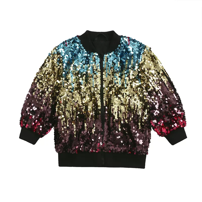 Fancy Spring Kids Top Tie Dye Sequined Long Sleeve Rib Cuff Hem Bomber Jacket Zipper Reversible Sequin Coat For Girl