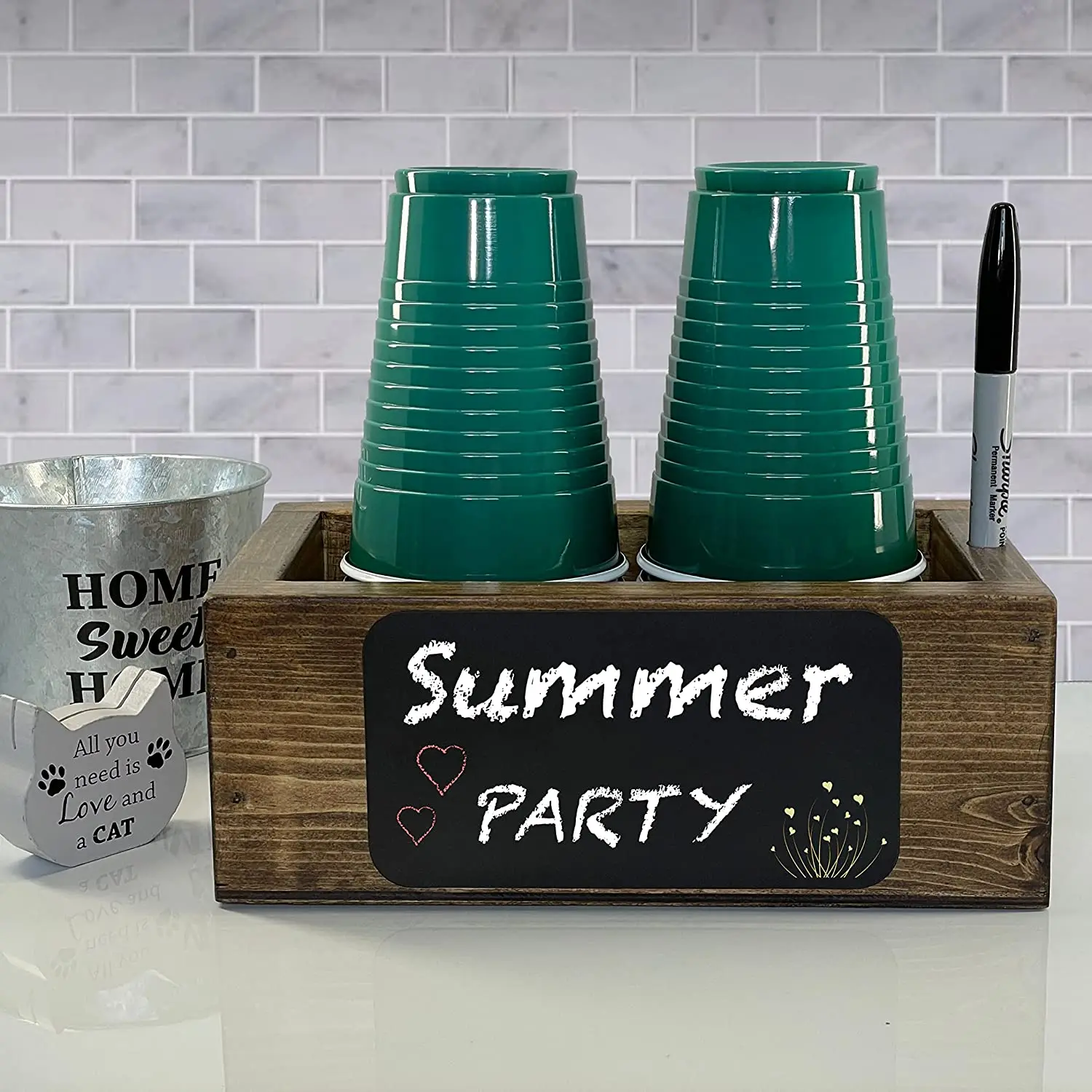  Double Solo Cup Holder with Marker Slot - Dark Walnut Stain Standard Size That Fits Most Brands Plastic or Paper Party