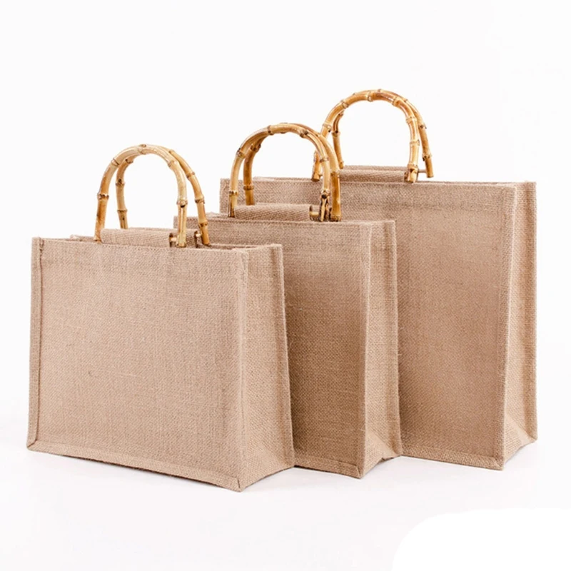 Portable Burlap Jute Shopping Bag Handbag Bamboo Loop Handles Reusable Tote Grocery Bags for Women Girls Wholesales
