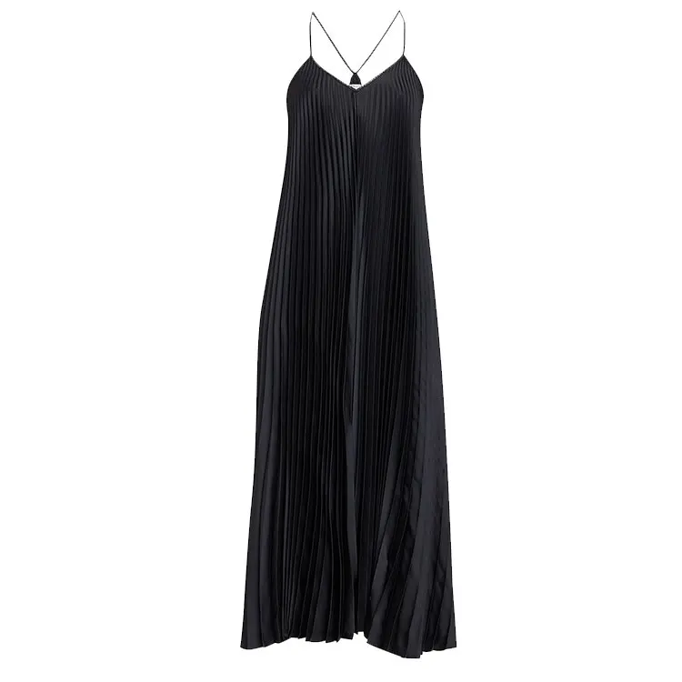 hot selling v neck sleeveless ankle length dress ladies all over pleated silk gown maxidress with strap
