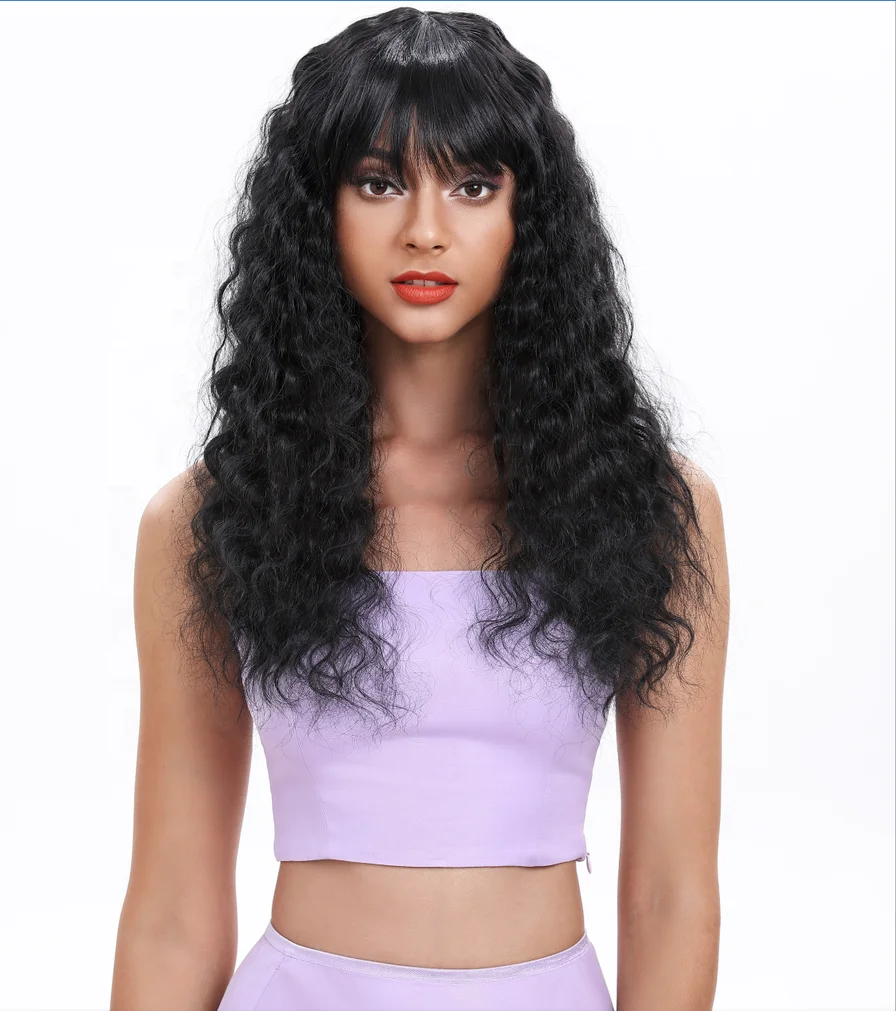 Noble Dropshipping 22 inches long crimp curly hair water wave With Bang soft natural for black women synthetic braiding hair wig
