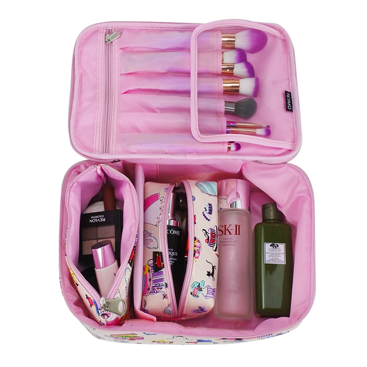 Women Fashion Large Capacity Makeup Organizer Bag Travel Printed Canvas Cosmetic Bag