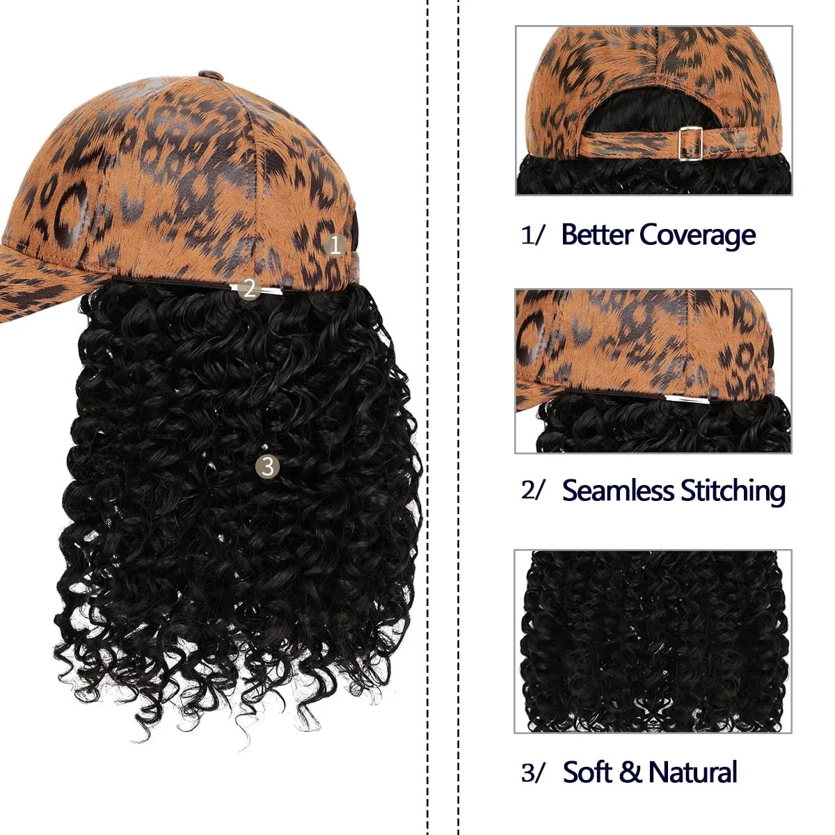 Natural Black/Brown Auburn Lace Cap Wig Synthetic Short Afro Kinky Curly Cosplay Style for Women Baseball Cap Wig with Hair