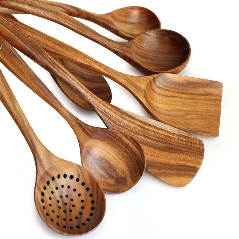Custom wholesale Teak Wood Kitchen Utensils Set Wooden Accessories Kitchenware Cooking Tool Sets