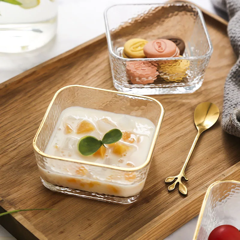 Square Creative Cookware Breakfast Hammer Glass Fruit Vegetable Manufacturers simple Dessert Bowls transparent glass snack bowl