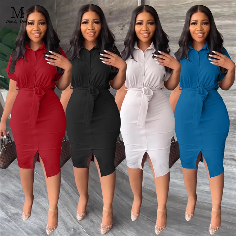 Boutique Spring Summer Women Shirt Dresses Short Sleeve Casual Streetwear Bodycon Clothes Ladies Sexy Midi Dress