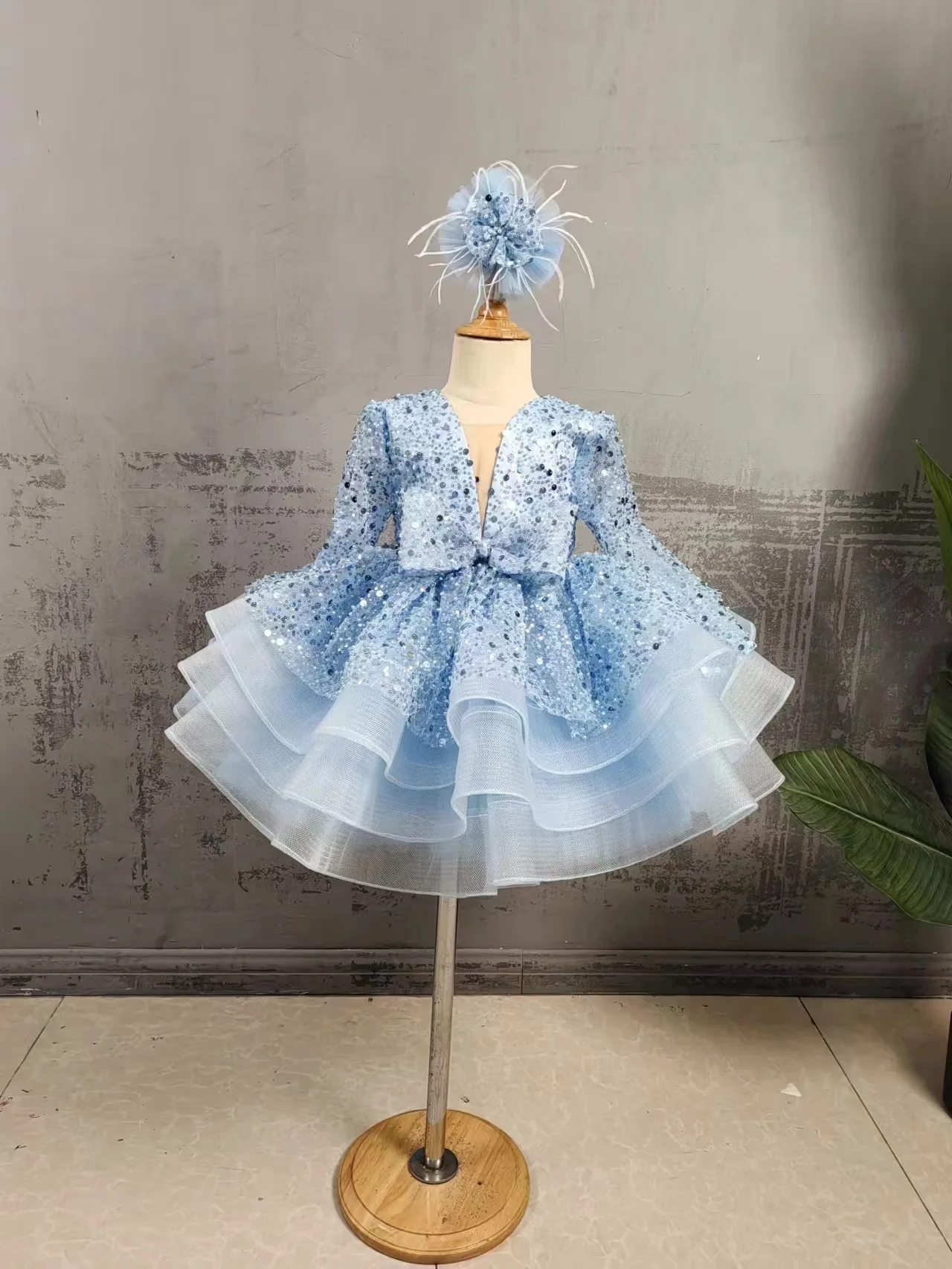 Baby Girls 1st Birthday Formal Ball Gown Kids Stage Perform Clothes Dress Flower Girls Sequin Gauze Puffy Dresses